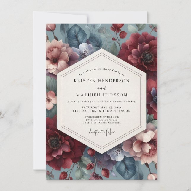 Burgundy Slate Moody Flora Wedding Invitation (Front)