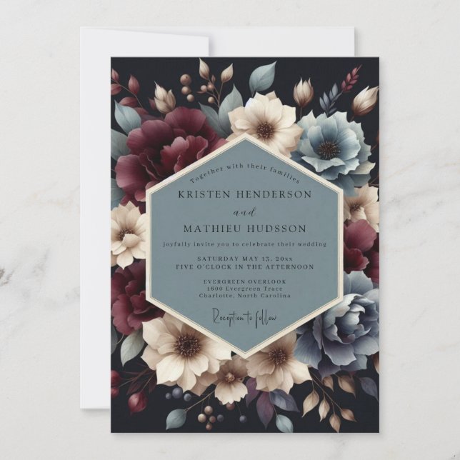 Burgundy Slate Nocturnal Bloom Wedding Invitation (Front)
