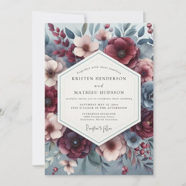 Burgundy & Slate Poetic Bloom Wedding Invitation (Front)