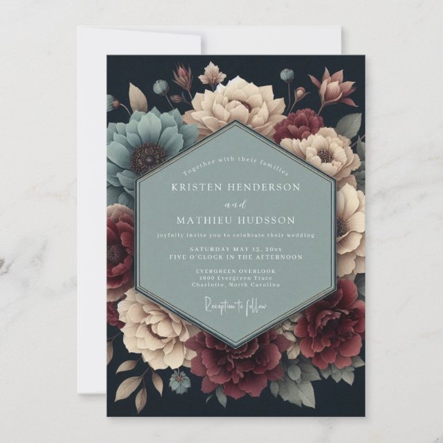 Burgundy Slate Somber Bloom Wedding Invitation (Front)