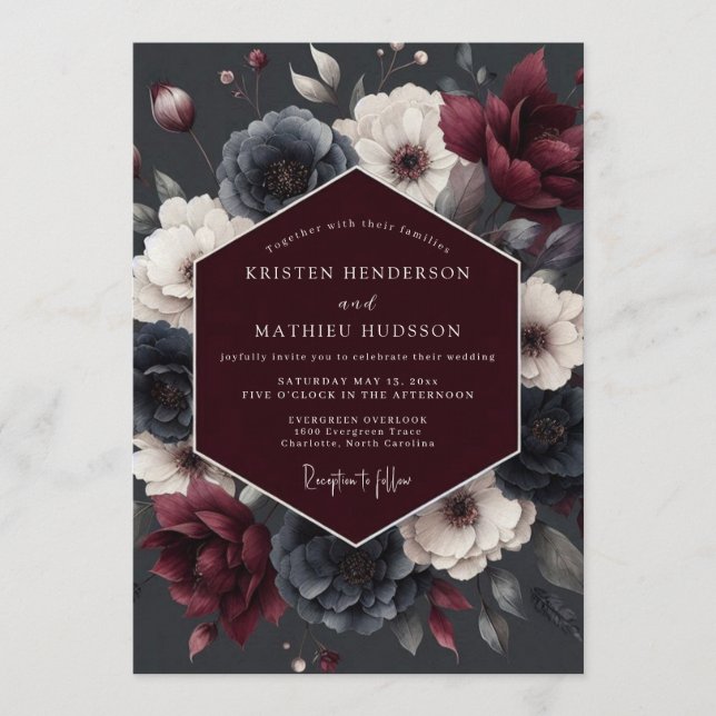 Burgundy Slate Vesper Bloom Wedding Invitation (Front)
