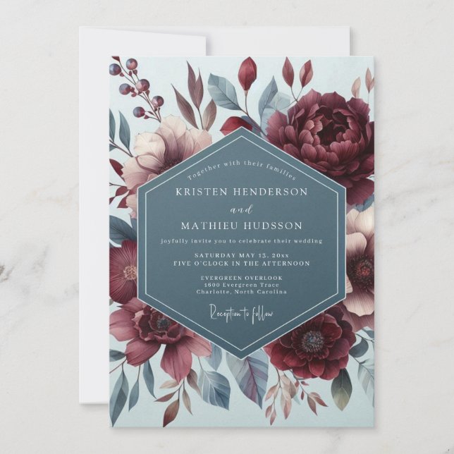 Burgundy Slate Vintage Bloom Wedding Invitation (Front)