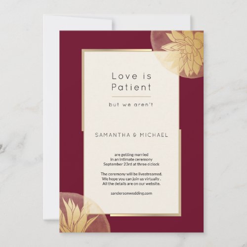 Burgundy Small Downsized Wedding Love is Patient Save The Date