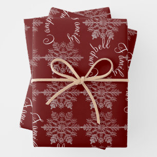 Burgundy Snowflake Christmas Family Name  Wrapping Paper Sheets