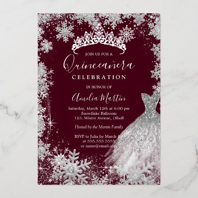 Burgundy Snowflake Winter Quinceanera  Foil Invitation (Front)