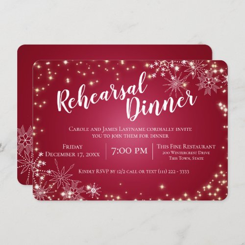 Burgundy Snowflakes and Sparkle Rehearsal Dinner Invitation