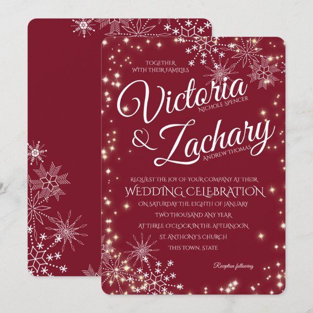 Burgundy Snowflakes and Sparkle Wedding Invitation (Front/Back)