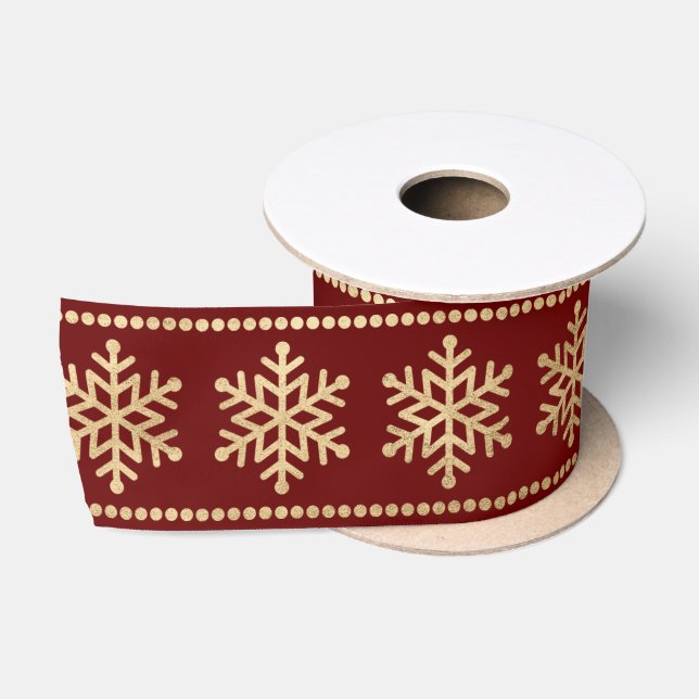 Burgundy Snowflakes Stripes Christmas Gold Satin Ribbon (Spool)