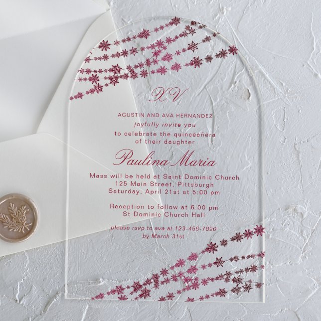 Burgundy Snowflakes Winter Quinceañera Acrylic Invitations (Creator Uploaded)