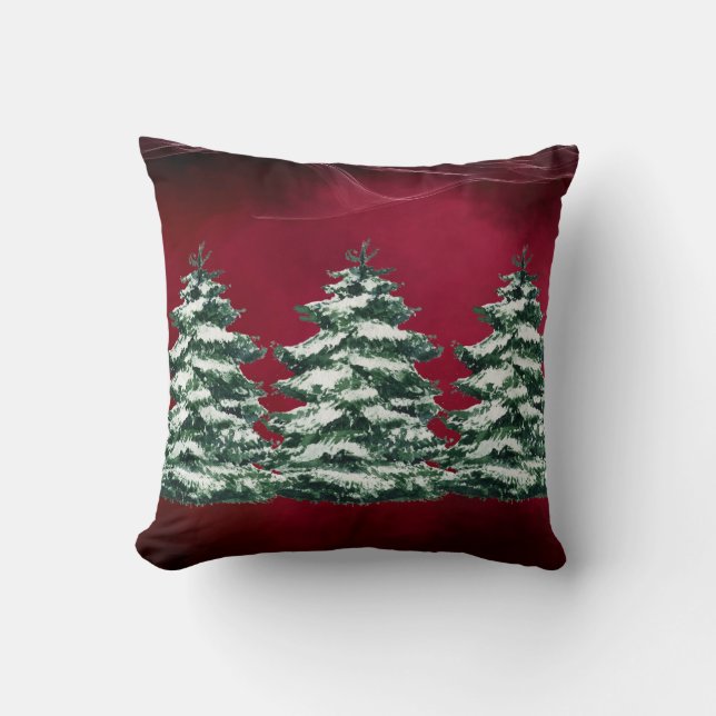 Burgundy Snowy Evergreen Trees  Throw Pillow (Front)