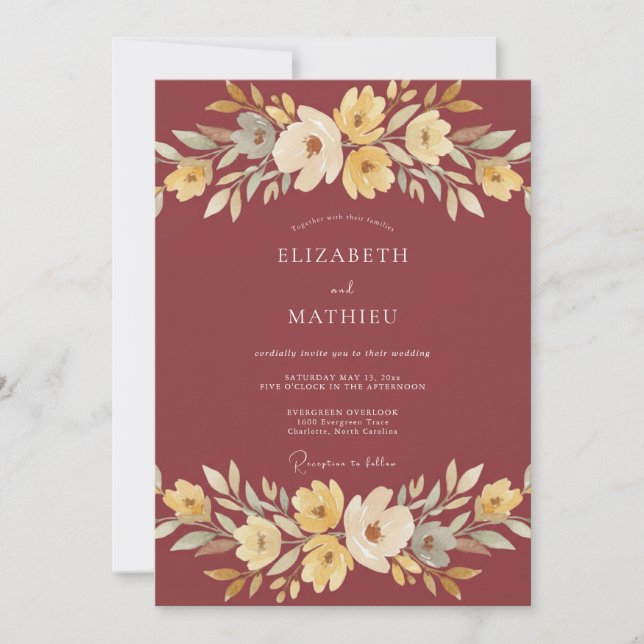 Burgundy Soft Floral Autumn Wedding Invitation (Front)