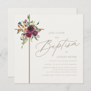 Burgundy & Soft Ivory Floral Cross Baptism Invitation