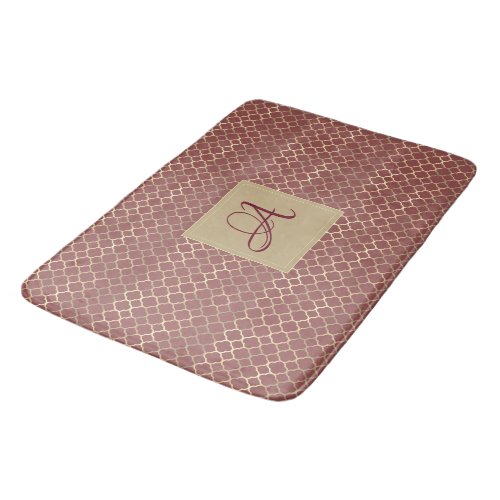 Burgundy Soybean Monogram Decor Quatrefoil Wedding Bath Mat