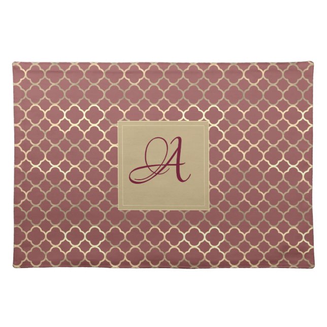 Burgundy Soybean Monogram Decor Quatrefoil Wedding Cloth Placemat (Front)