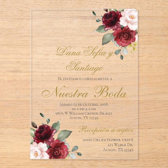 Burgundy Spanish Wedding Acrylic Invitation (Front)