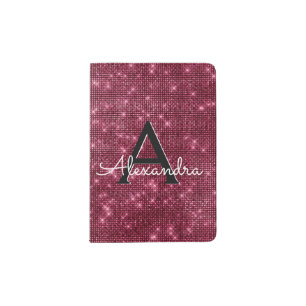 Burgundy Sparkle Bling Girly Monogram Name Passport Holder