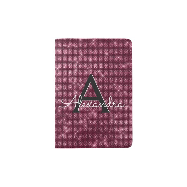 Burgundy Sparkle Bling Girly Monogram Name Passport Holder (Front)