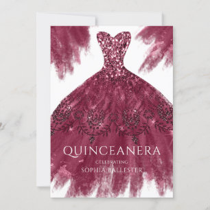 Burgundy Sparkle Dress Elegant Gown Quinceanera Invitation