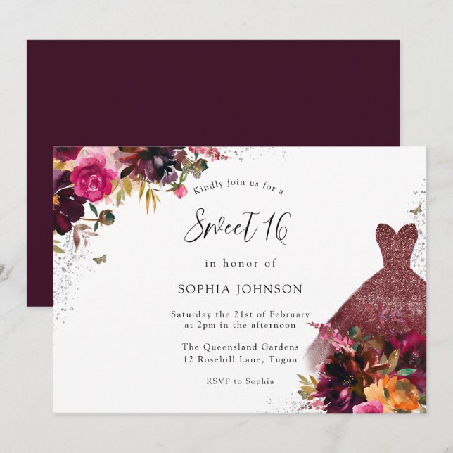 Burgundy Sparkle Dress Floral Sweet 16 Party Invitation (Front/Back)