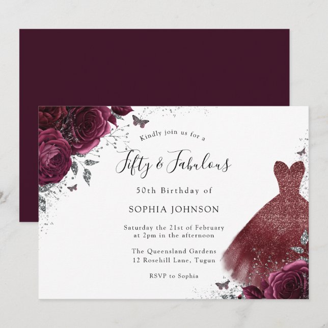 Burgundy Sparkle Dress Roses Fifty & Fabulous 50th Invitation (Front/Back)