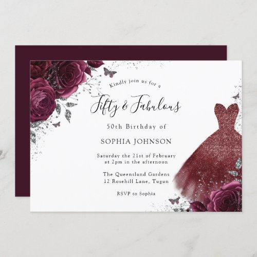 Burgundy Sparkle Dress Roses Fifty  Fabulous 50th Invitation