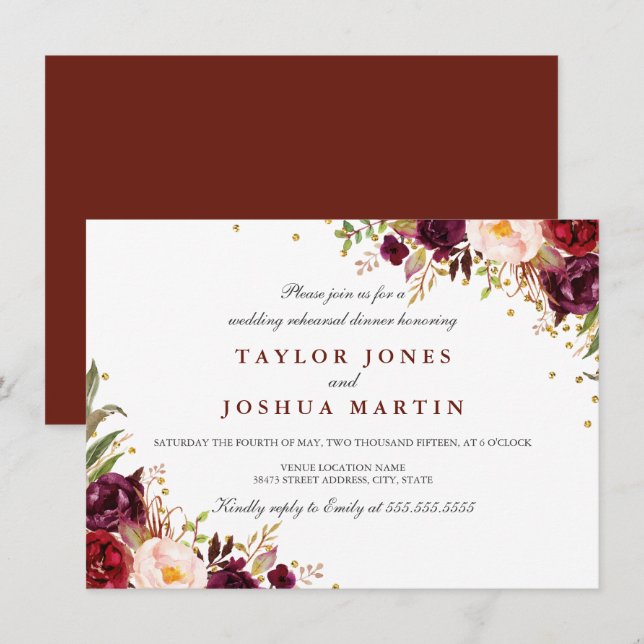Burgundy Sparkle Floral Rehearsal Dinner Invitation (Front/Back)