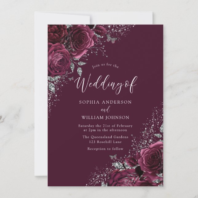 Burgundy Sparkle Flowers Silver Elegant Wedding Invitation (Front)