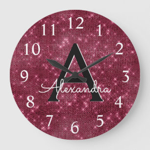 Burgundy Sparkle Shimmer Monogram Name & Initial Large Clock