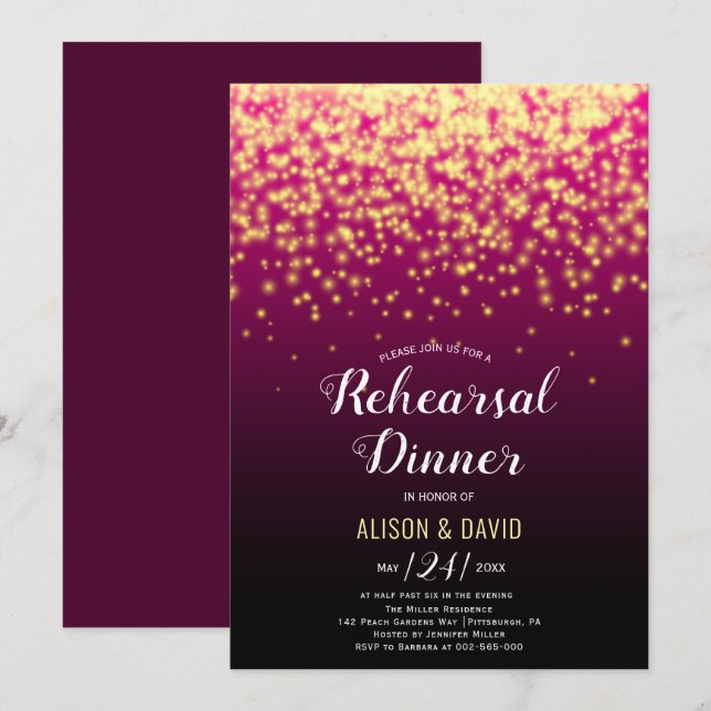 Burgundy sparkling lights wedding rehearsal dinner invitation (Front/Back)