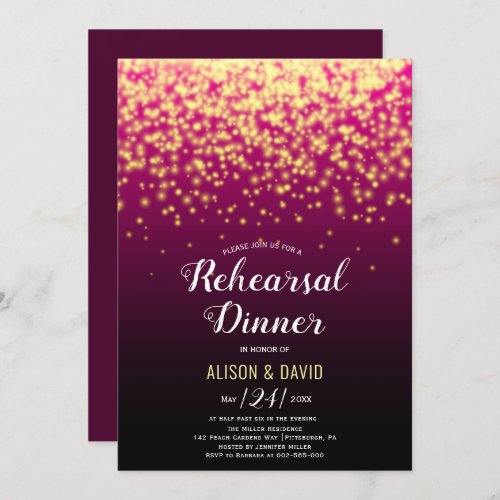 Burgundy sparkling lights wedding rehearsal dinner invitation