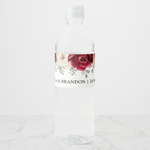 Burgundy Sparkling Wine Ivory Mauve Rose Floral We Water Bottle Label