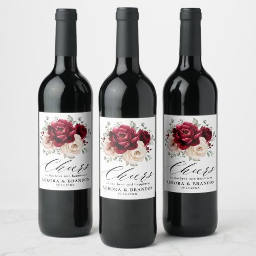 Burgundy Sparkling Wine Ivory Mauve Rose Floral We Wine Label