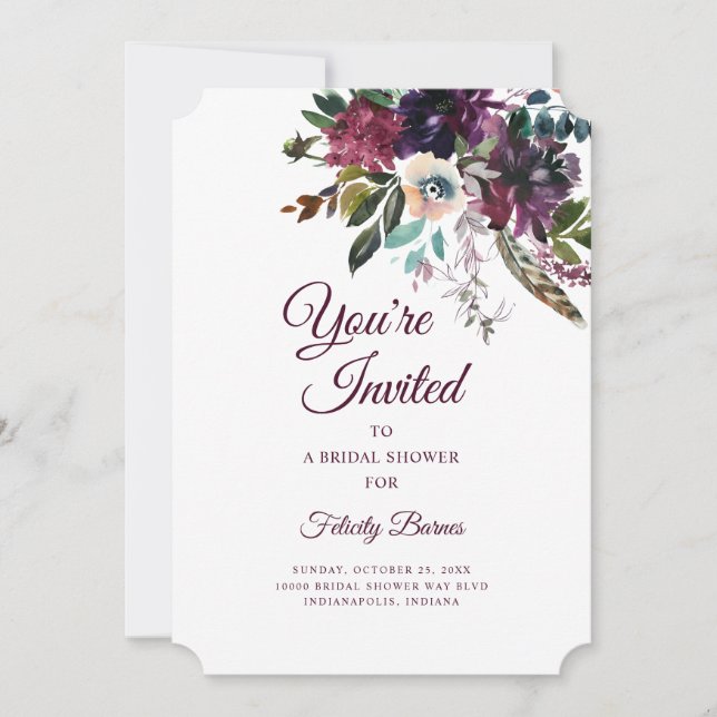 Burgundy Splendor Boho Floral Bridal Shower Invitation (Front)