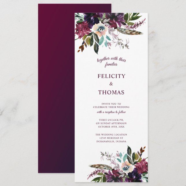Burgundy Splendor Boho Floral White Wedding Invitation (Front/Back)