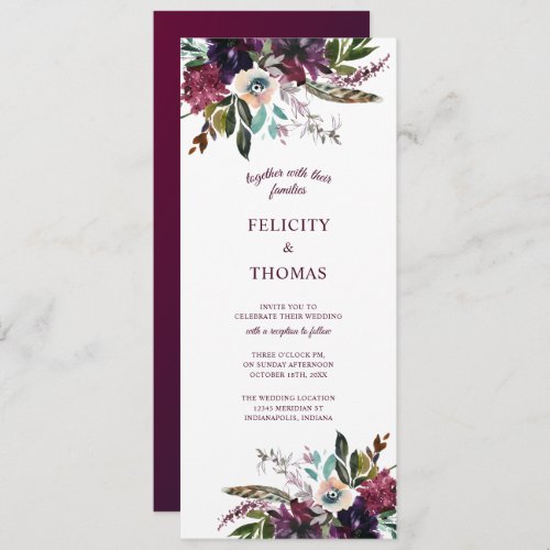 Burgundy Splendor Boho Floral White Wedding Invitation