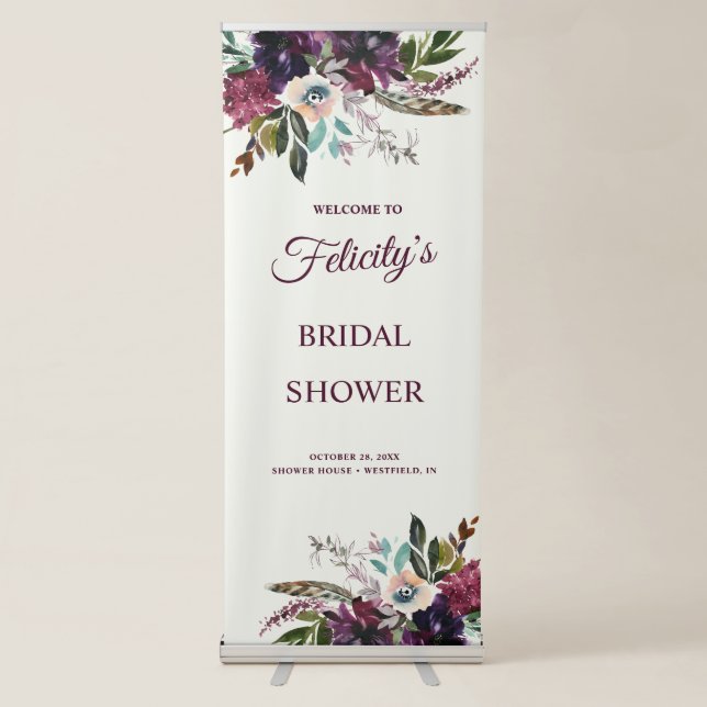 Burgundy Splendor Floral Bridal Shower Retractable Banner (Front)