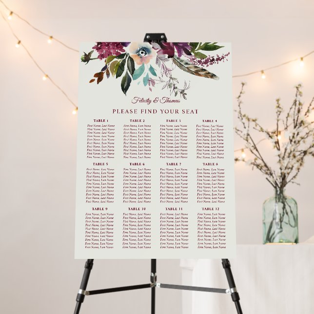 Burgundy Splendor Floral Wedding Seating Chart Foam Board (In Situ (Stand))