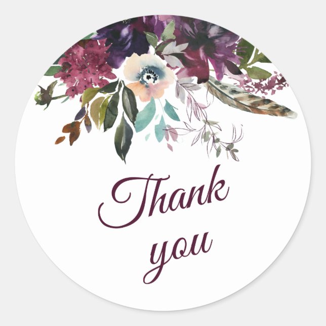 Burgundy Splendor Floral Wedding Thank You Classic Round Sticker (Front)