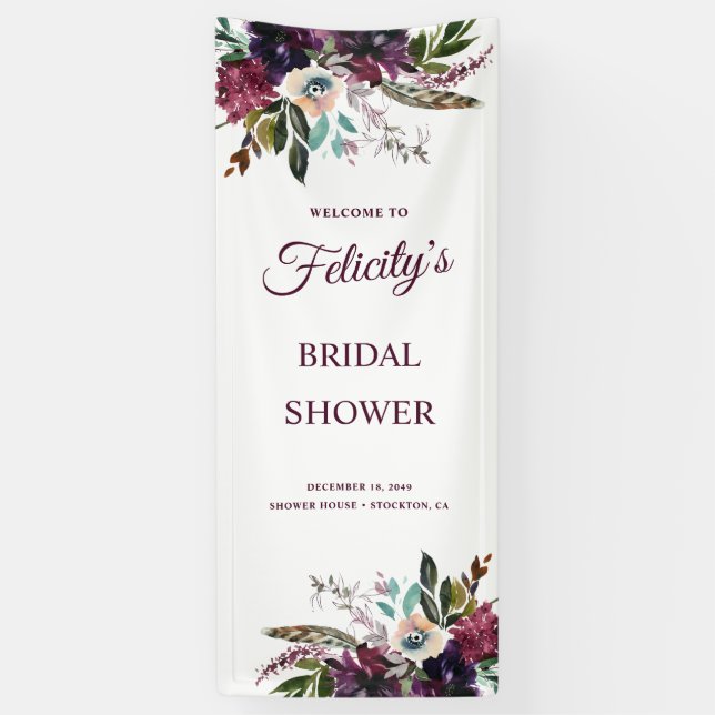 Burgundy Splendor Floral White Bridal Shower Banner (Vertical)