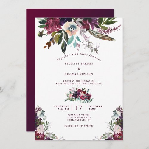 Burgundy Splendor Floral White Wedding Invitation