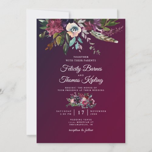 Burgundy Splendor Watercolor Floral Wedding Invitation