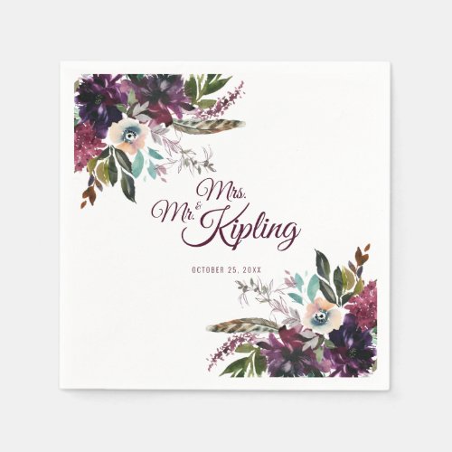 Burgundy Splendor Watercolor Floral Wedding Paper Napkins