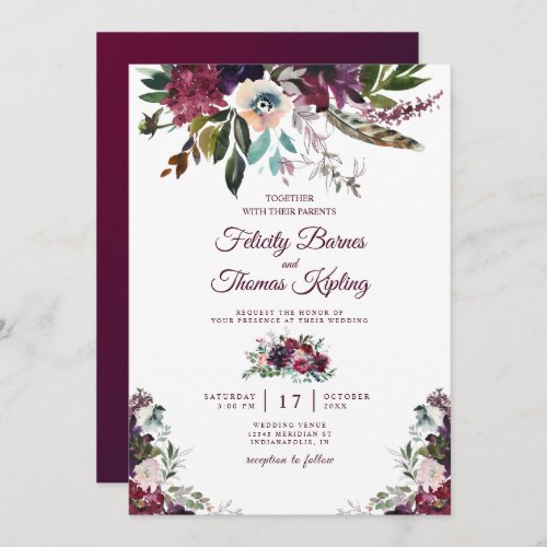 Burgundy Splendor Watercolor Floral White Wedding Invitation