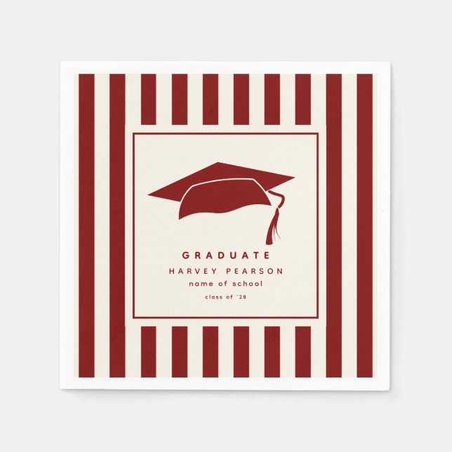 Burgundy Sporty Stripes Custom Graduation Party Napkins (Front)
