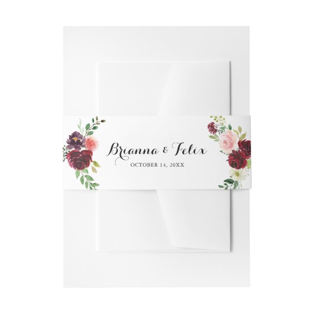 Burgundy Spring Calligraphy Wedding Invitation Belly Band (Front Example)