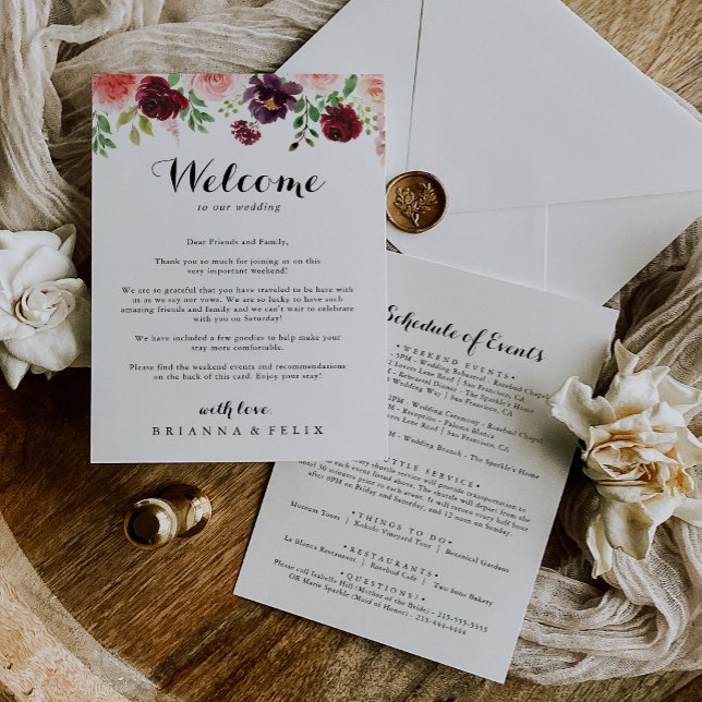 Burgundy Spring Calligraphy Wedding Welcome Letter (Creator Uploaded)