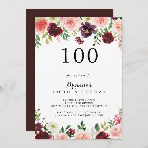 Burgundy Spring Floral 100th Birthday Party Invitation