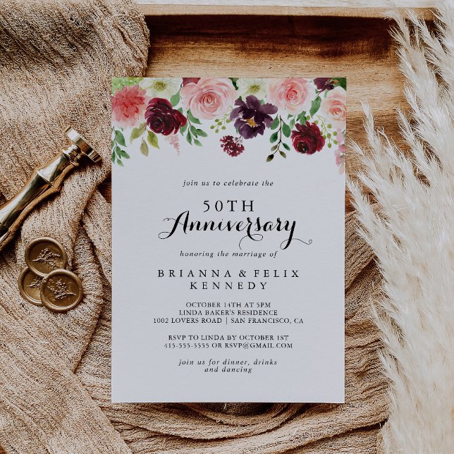Burgundy Spring Floral 50th Wedding Anniversary Invitation (Creator Uploaded)