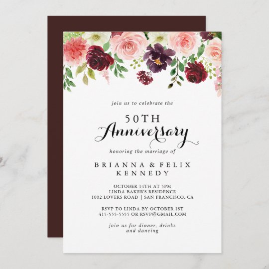 Burgundy Spring Floral 50th Wedding Anniversary Invitation | Zazzle.com