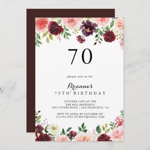 Burgundy Spring Floral 70th Birthday Party Invitation